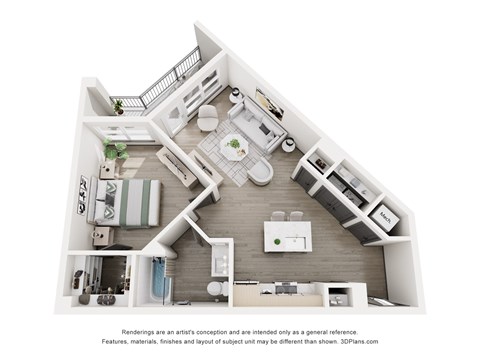 A 3D floor plan of a house with a kitchen, living room, and two bedrooms.